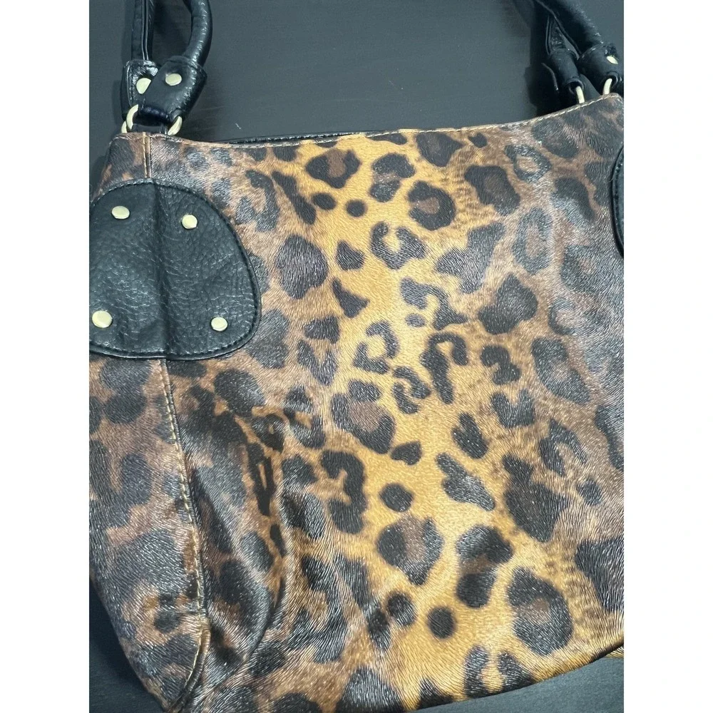 MASSINI Leopard Print Faux Fur Shoulder Bag Hobo Purse Gold Tone Hardware